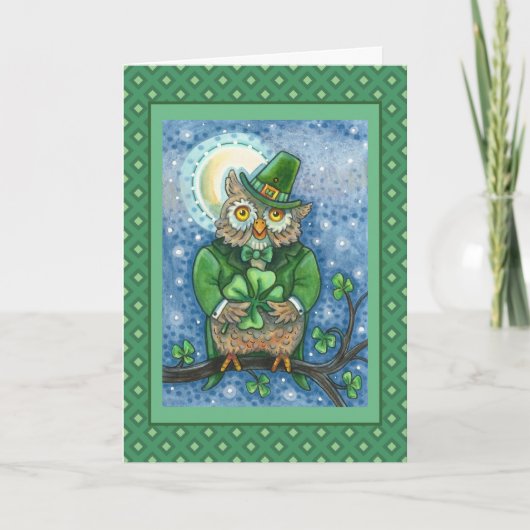 ST. PATRICK'S DAY OWL, 4 LEAF CLOVER LEPRECHAUN FEESTDAGEN KAART (Voorkant)