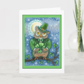 ST. PATRICK'S DAY OWL, 4 LEAF CLOVER LEPRECHAUN FEESTDAGEN KAART (Voorkant)