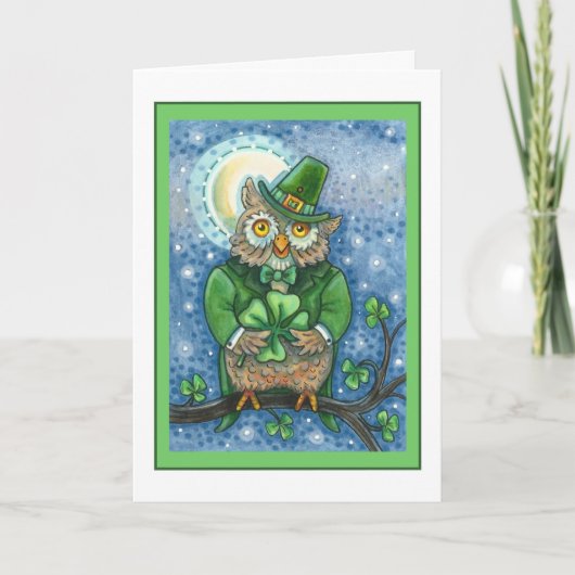 ST. PATRICK'S DAY OWL, 4 LEAF CLOVER LEPRECHAUN FEESTDAGEN KAART (Voorkant)