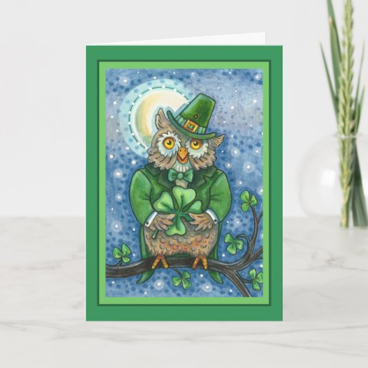 ST. PATRICK'S DAY OWL, 4 LEAF CLOVER LEPRECHAUN FEESTDAGEN KAART (Voorkant)