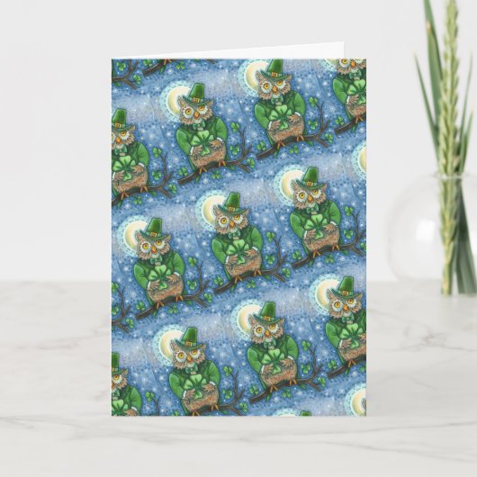 ST. PATRICK'S DAY OWL, 4 LEAF CLOVER LEPRECHAUN FEESTDAGEN KAART (Voorkant)