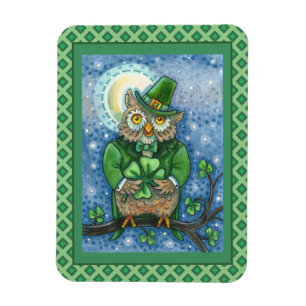 ST. PATRICK'S DAY OWL, 4 LEAF CLOVER LEPRECHAUN MAGNEET