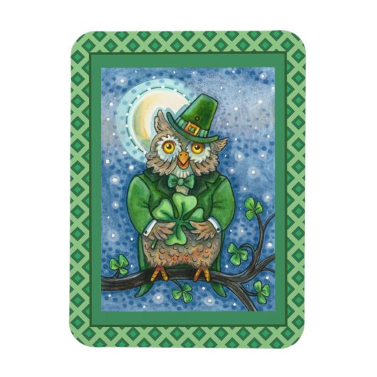 ST. PATRICK'S DAY OWL, 4 LEAF CLOVER LEPRECHAUN MAGNEET (Verticaal)