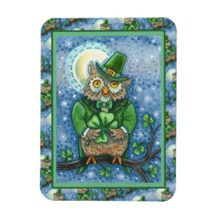 ST. PATRICK'S DAY OWL, 4 LEAF CLOVER LEPRECHAUN MAGNEET