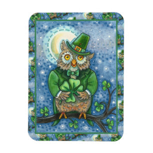 ST. PATRICK'S DAY OWL, 4 LEAF CLOVER LEPRECHAUN MAGNEET