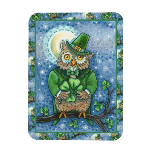 ST. PATRICK'S DAY OWL, 4 LEAF CLOVER LEPRECHAUN MAGNEET (Verticaal)