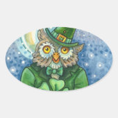ST. PATRICK'S DAY OWL, 4 LEAF CLOVER LEPRECHAUN OVALE STICKER (Voorkant)