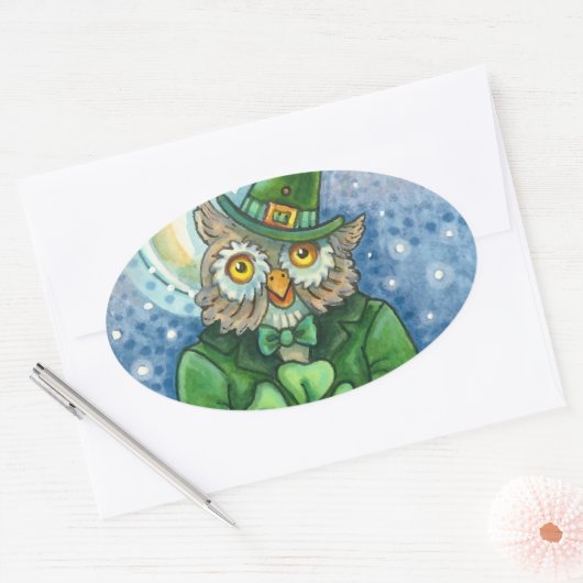 ST. PATRICK'S DAY OWL, 4 LEAF CLOVER LEPRECHAUN OVALE STICKER (Envelop)