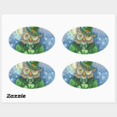 ST. PATRICK'S DAY OWL, 4 LEAF CLOVER LEPRECHAUN OVALE STICKER (Vel)