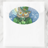 ST. PATRICK'S DAY OWL, 4 LEAF CLOVER LEPRECHAUN OVALE STICKER (Tas)
