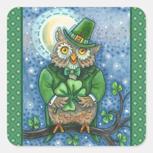ST. PATRICK'S DAY OWL, 4 LEAF CLOVER LEPRECHAUN VIERKANTE STICKER (Voorkant)