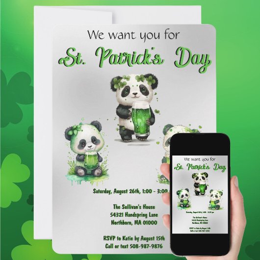 St. Patrick's Day Panda Beer Party Invitation Kaart