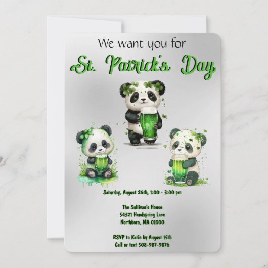 St. Patrick's Day Panda Beer Party Invitation Kaart (Voorkant)