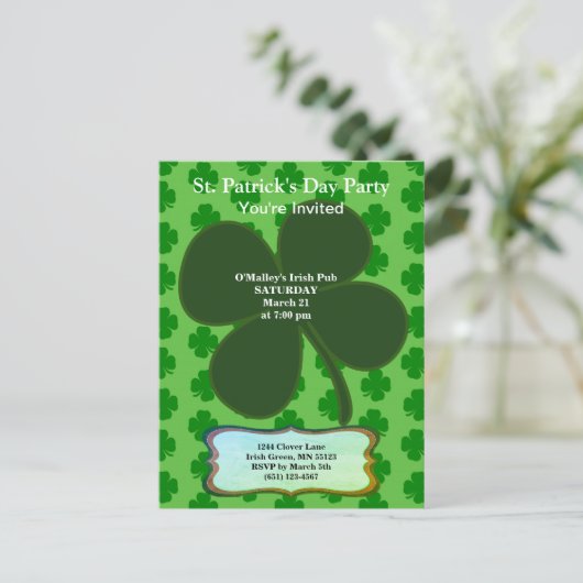 St. Patrick's Day Party Four Leaf Clover & Pattern Briefkaart (Staand voorkant)