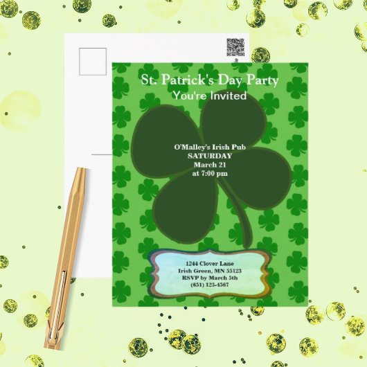St. Patrick's Day Party Four Leaf Clover & Pattern Briefkaart