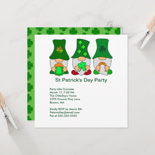 St Patricks Day Party Gnomes Square Invitation Kaart (Voorkant / Achterkant in situ)