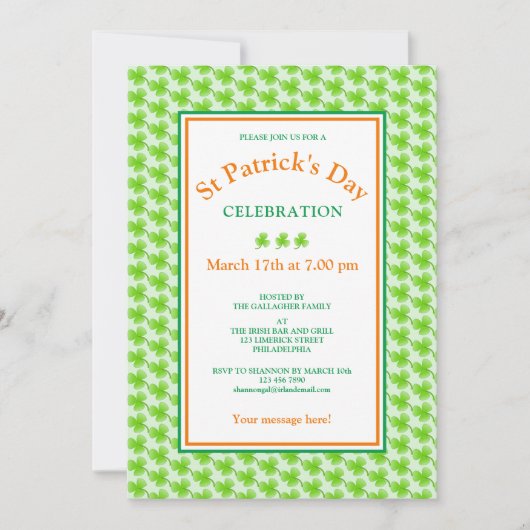 St Patrick's Day Party Green Oranje Shamrock Kaart (Voorkant)