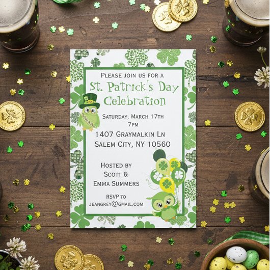 St. Patricks Day Party Shamrock Green Owl Kaart