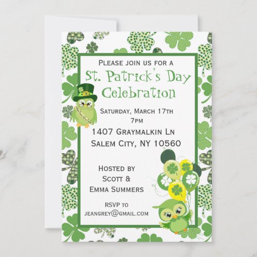 St. Patricks Day Party Shamrock Green Owl Kaart (Voorkant)