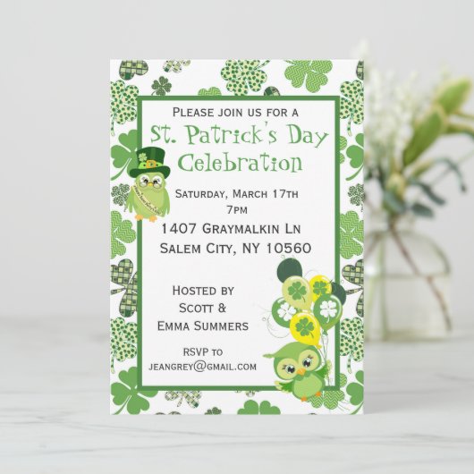 St. Patricks Day Party Shamrock Green Owl Kaart (Staand voorkant)