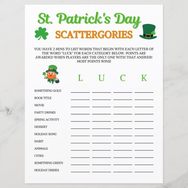 St. Patrick's Day Scattergories spel (Voorkant)