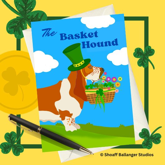 St Patrick's Day Schattig Basket Basset Hound Kaart