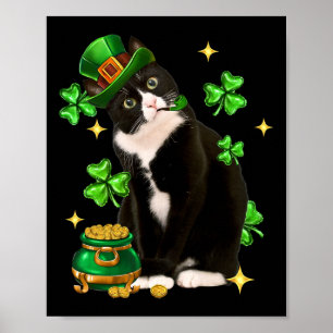 St Patricks Day Schattige Tuxedo Cat Shamrock Iris Poster