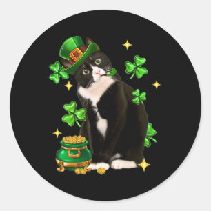 St Patricks Day Schattige Tuxedo Cat Shamrock Iris Ronde Sticker