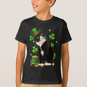 St. Patrick's Day Schattige Tuxedo Kat Klavertje V T-shirt