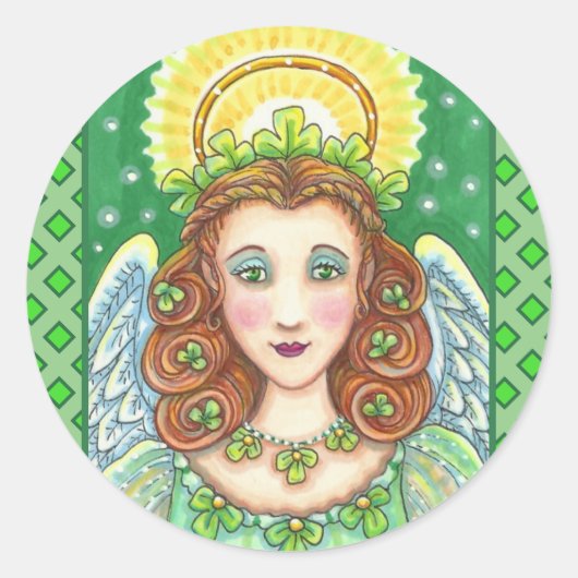 ST. PATRICK'S DAY SHAMROCK ANGEL, IRISH BLESSINGS RONDE STICKER (Voorkant)