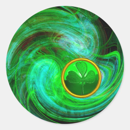 ST PATRICKS DAY SHAMROCK IN BLAUW GROENE FRACTALS RONDE STICKER (Voorkant)