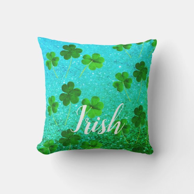 St Patrick's Day Shamrock Leaf Glittery Blue Green Buitenkussen (Voorkant)