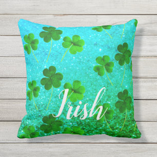 St Patrick's Day Shamrock Leaf Glittery Blue Green Buitenkussen