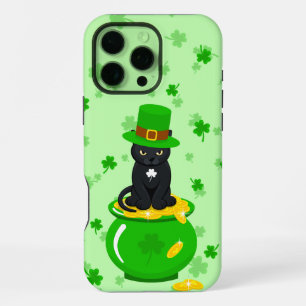 St. Patrick's Day Shamrock Pot met Goud Zwarte Kat iPhone 16 Pro Max Hoesje