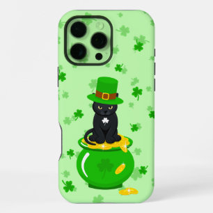 St. Patrick's Day Shamrock Pot met Goud Zwarte Kat iPhone 16 Pro Max Hoesje