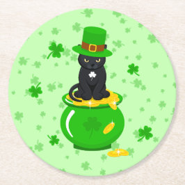 St. Patrick's Day Shamrock Pot met Goud Zwarte Kat Ronde Kartonnen Onderzetter