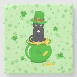 St. Patrick's Day Shamrock Pot met Goud Zwarte Kat Stenen Onderzetter