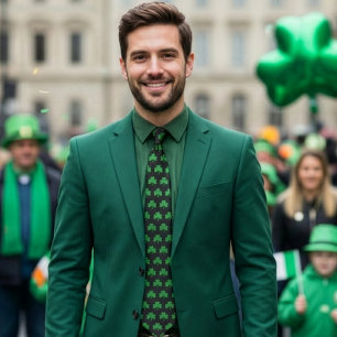 St. Patrick's Day Shamrock Stropdas, Green on Blac Stropdas
