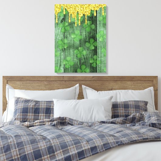 St. Patrick's Day Shamrocks Glitter Gold Drips Canvas Afdruk (Insitu (Slaapkamer))