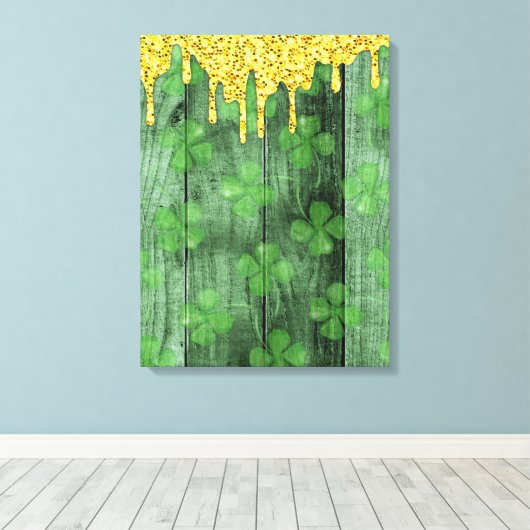 St. Patrick's Day Shamrocks Glitter Gold Drips Canvas Afdruk (Insitu (Houten vloer))