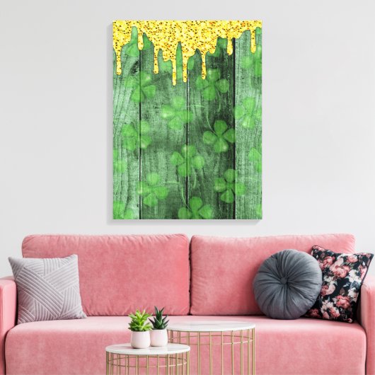 St. Patrick's Day Shamrocks Glitter Gold Drips Canvas Afdruk (Insitu (Woonkamer))