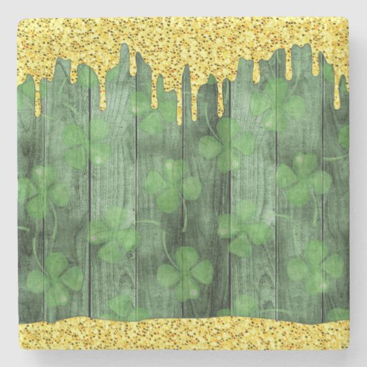 St. Patrick's Day Shamrocks Glitter Gold Drips Stenen Onderzetter (Voorkant)