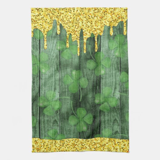 St. Patrick's Day Shamrocks Glitter Gold Drips Theedoek (Verticaal)