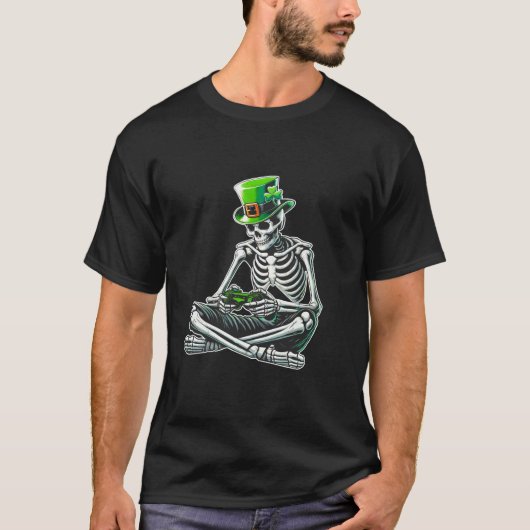 St Patrick's Day Skeleton Gamer Video Gaming Boys T-shirt (Voorkant)