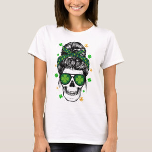 St Patricks Day Skull Messy Bun Saint Pattys Paddy T-shirt