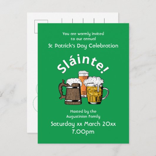 St Patricks Day Sláinte Cheers & Beers Party Uitnodiging Briefkaart (Voorkant / Achterkant)