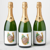 St Patrick's Day Sloth Hoefijzer Lucky Sparkling Wijnetiket (Flessen)