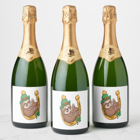 St Patrick's Day Sloth Hoefijzer Lucky Sparkling Wijnetiket (Flessen)