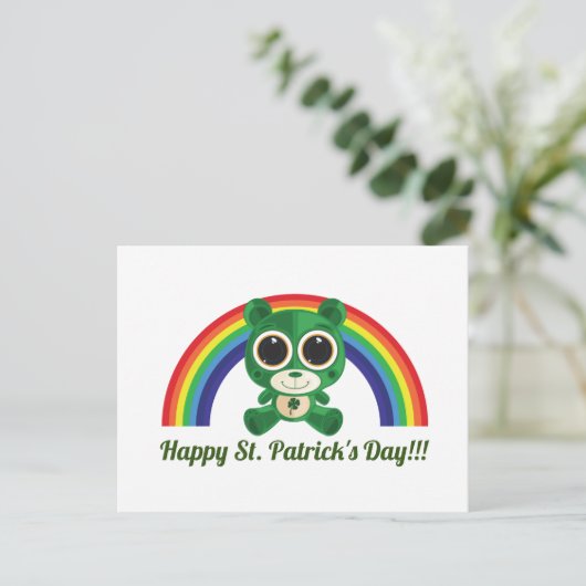 St. Patricks Day Teddy Bear and Rainbow Briefkaart (Staand voorkant)
