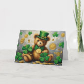 St.Patrick's Day Teddy met Shamrock en gouden munt Feestdagen Kaart (Voorkant)
